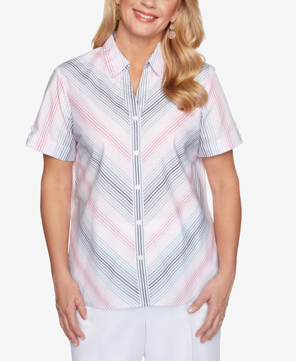 Alfred Dunner Women's Petite Ombre Stripe Print Lightweight Short Sleeve Button Down Collar Shirt Size PS Petal Grey