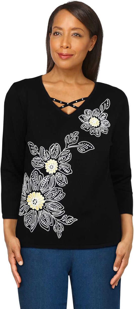 Alfred Dunner Women's Petite Solid Floral Embroidery Strappy V-Neck Sweater Size PL Black