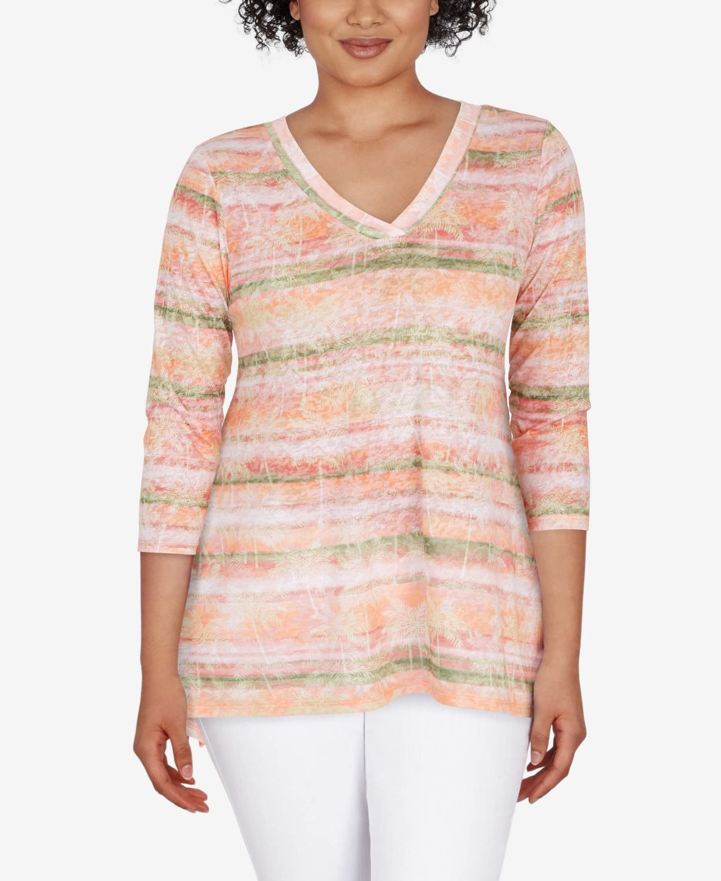 Ruby Rd. Women's Embellished Tropical Stripe Burnout Top