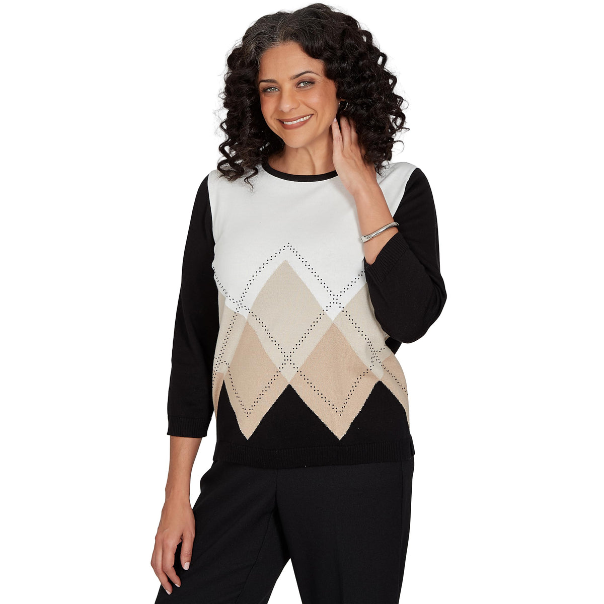 Alfred Dunner Women's Argyle Beaded Sweater, Black, S