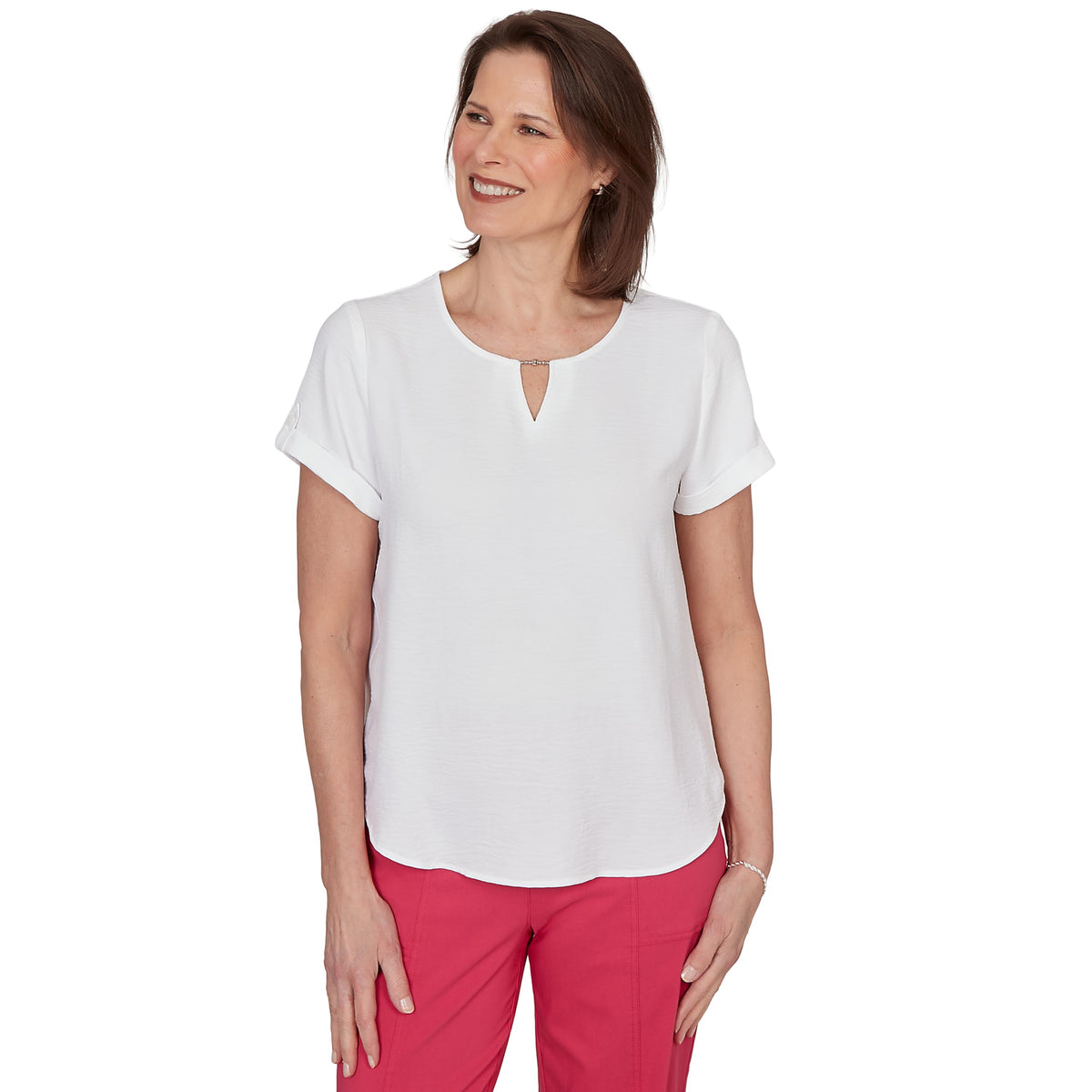Alfred Dunner Women's Solid Rolled Short Sleeve Tee, Raspberry, S