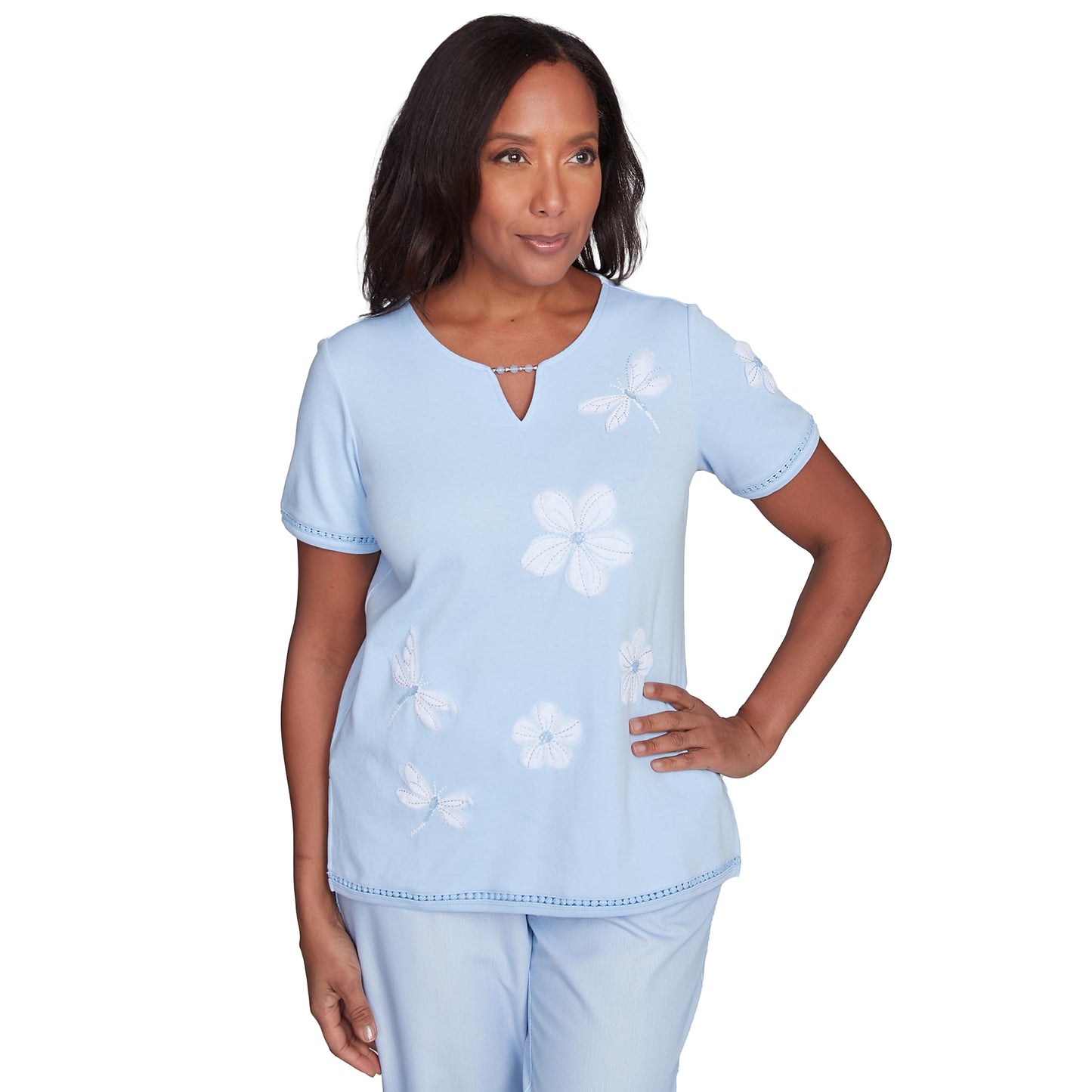 Alfred Dunner Apliquee Dragonfly Flowers Cotton/Polyester Top