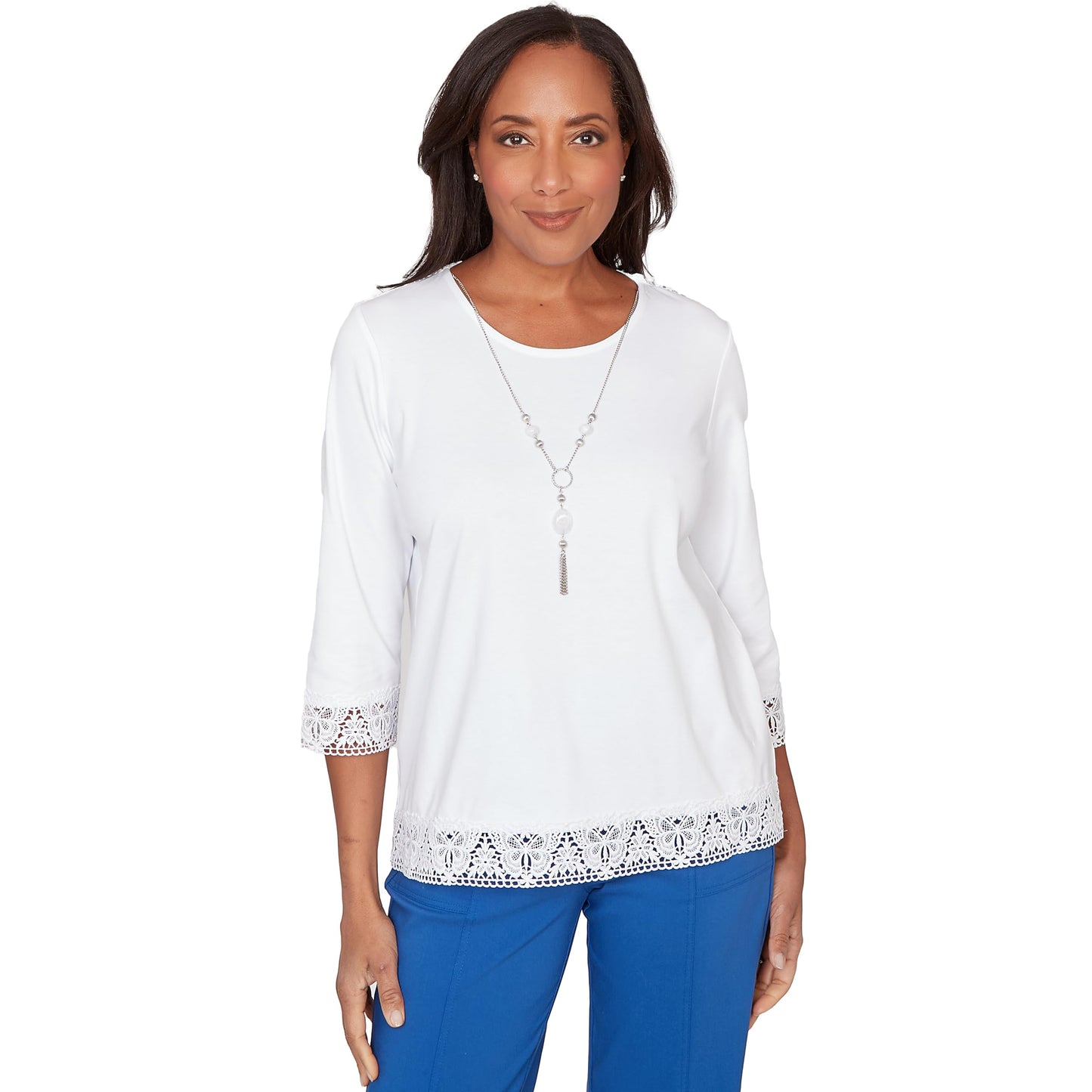 Alfred Dunner Women's Embellished Lace Trim Top with Necklace