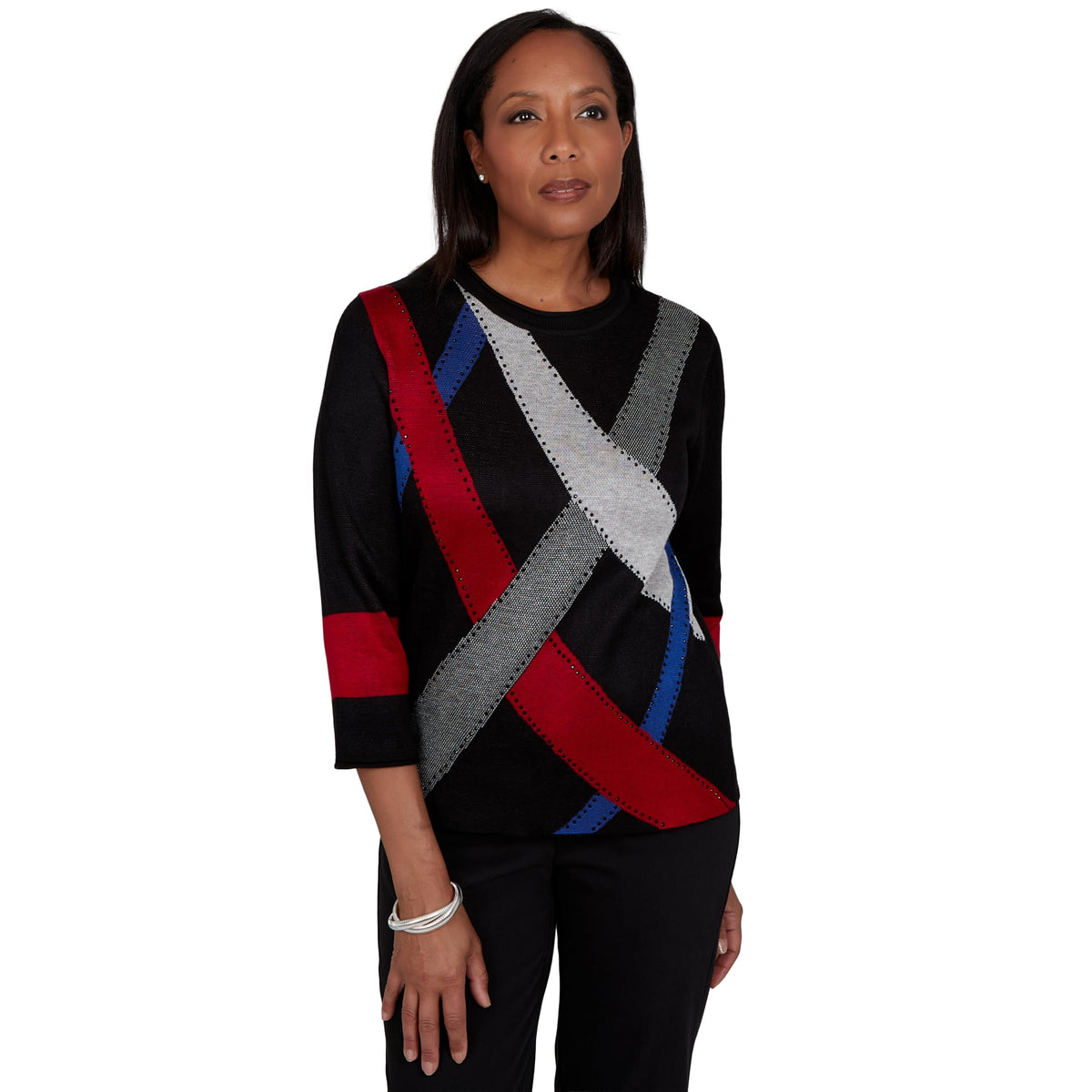 Alfred Dunner Women's Contrast Stripe Colorblock Sweater, Black, L
