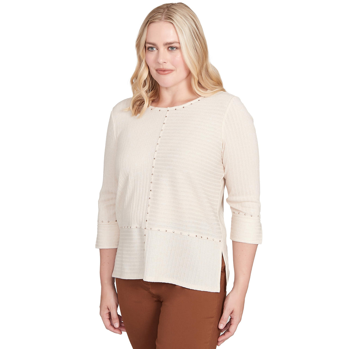 Alfred Dunner Women's Heat Set Embellished Solid Top Size S Oatmeal