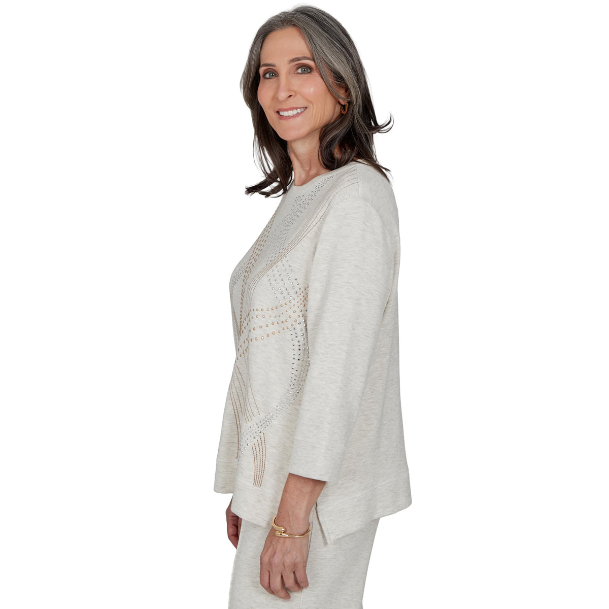 Alfred Dunner Women's Studded Swirls Knit Top, Oatmeal, S