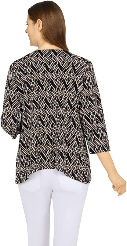 Alfred Dunner Classic Black Tan Polyester Top with Sharkbite Medium weightHems (as1, Alpha, m, Regular, Regular, Standard, Multi)