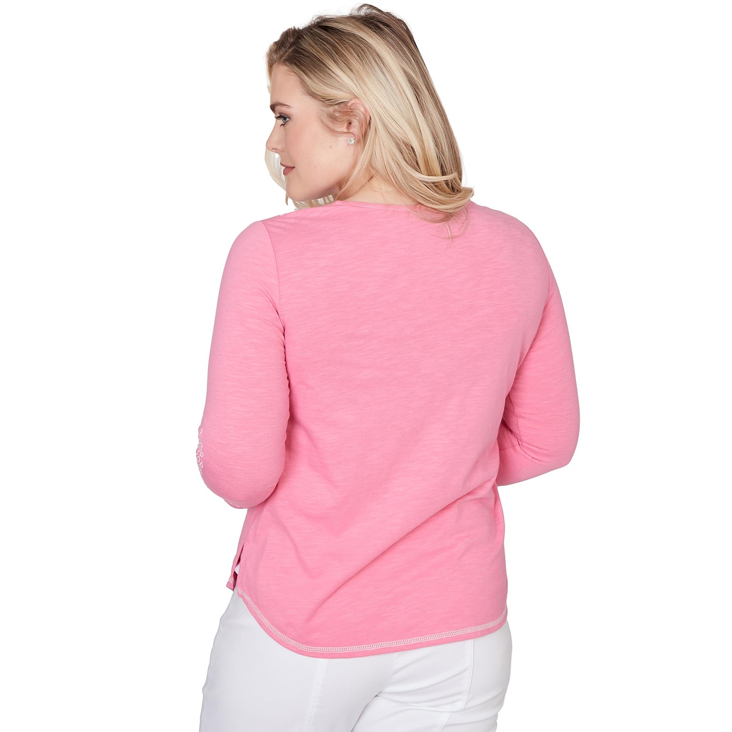 Alfred Dunner Women's Embroidered Split Neck Three Quarter Sleeve Top