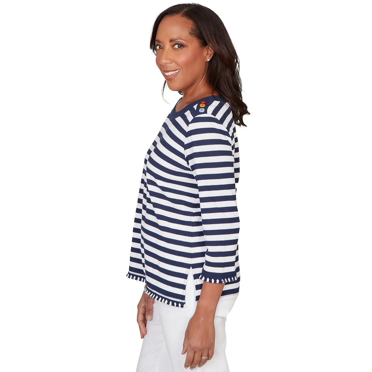 Alfred Dunner Women's Pique Stripe Button Detail Top