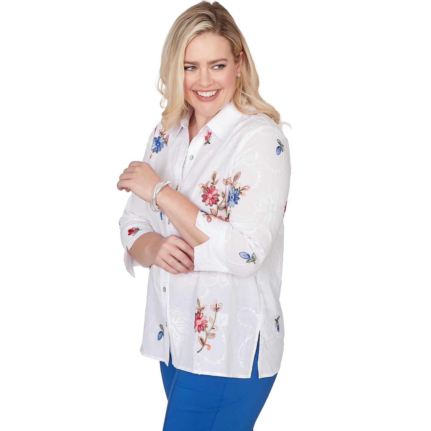 Alfred Dunner Women's Embroidered Flower Collared Button Front Top