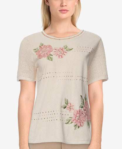 Alfred Dunner Women's Springtime in Paris Embroidered Flowers Short Sleeve Sweater - Plus, Oatmeal, 2X