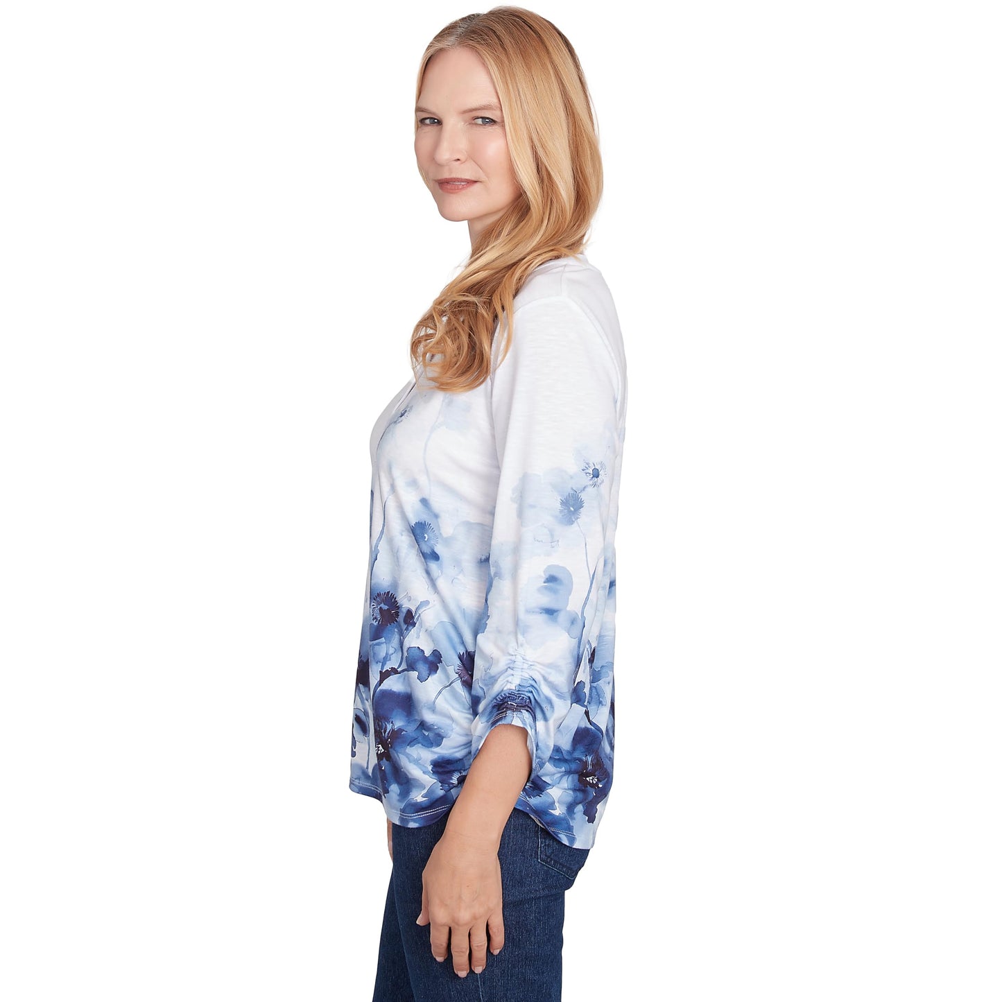 Floral Border Ruched Sleeve Henley Top