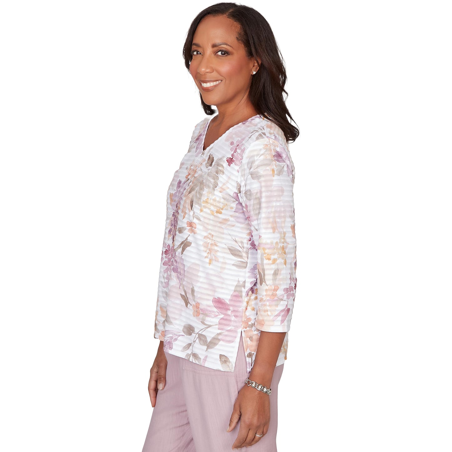 Alfred Dunner Women's Watercolor Floral Textured V-Neck Top