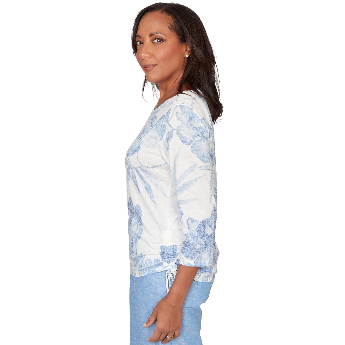 Alfred Dunner Women's Monotone Dramatic Floral Tropical Top, Size M, Ocean Blue