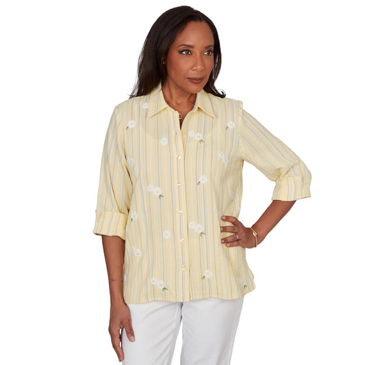 Alfred Dunner Women's Embroidered Daisy Stripes Button Front Top