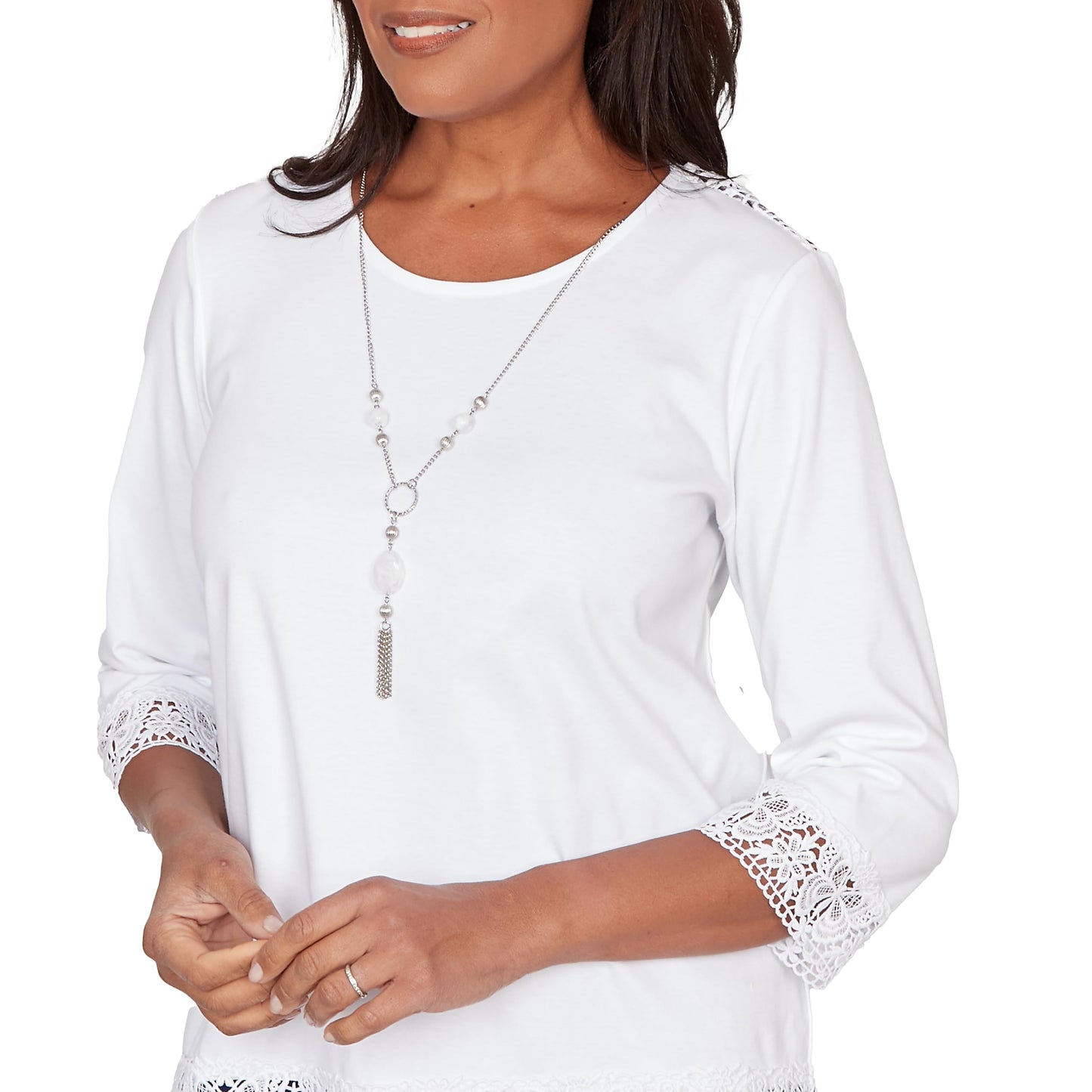 Alfred Dunner Women's Embellished Lace Trim Top with Necklace