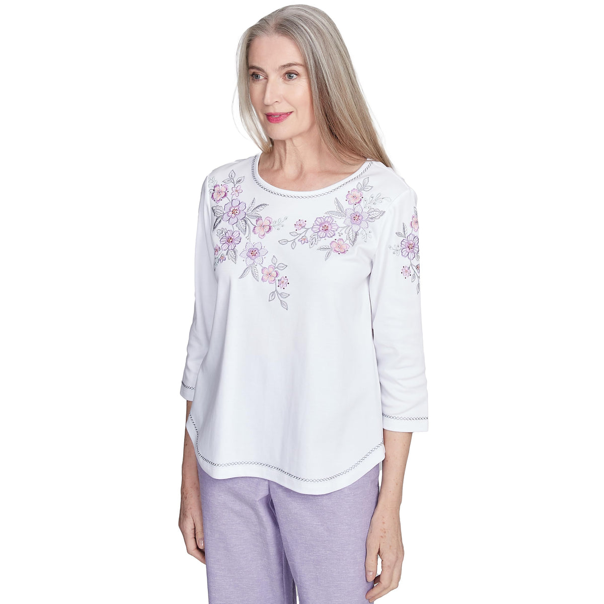 Alfred Dunner Embroiled Flower Yoke Cotton/Polyester (US, Alpha, Large, Regular, Petite, Petite, White)