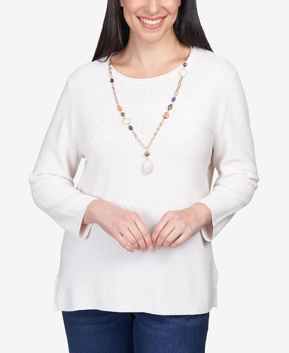 Alfred Dunner Women's Petite Solid Texture Split Hem Sweater with Necklace Size PXL Ivory