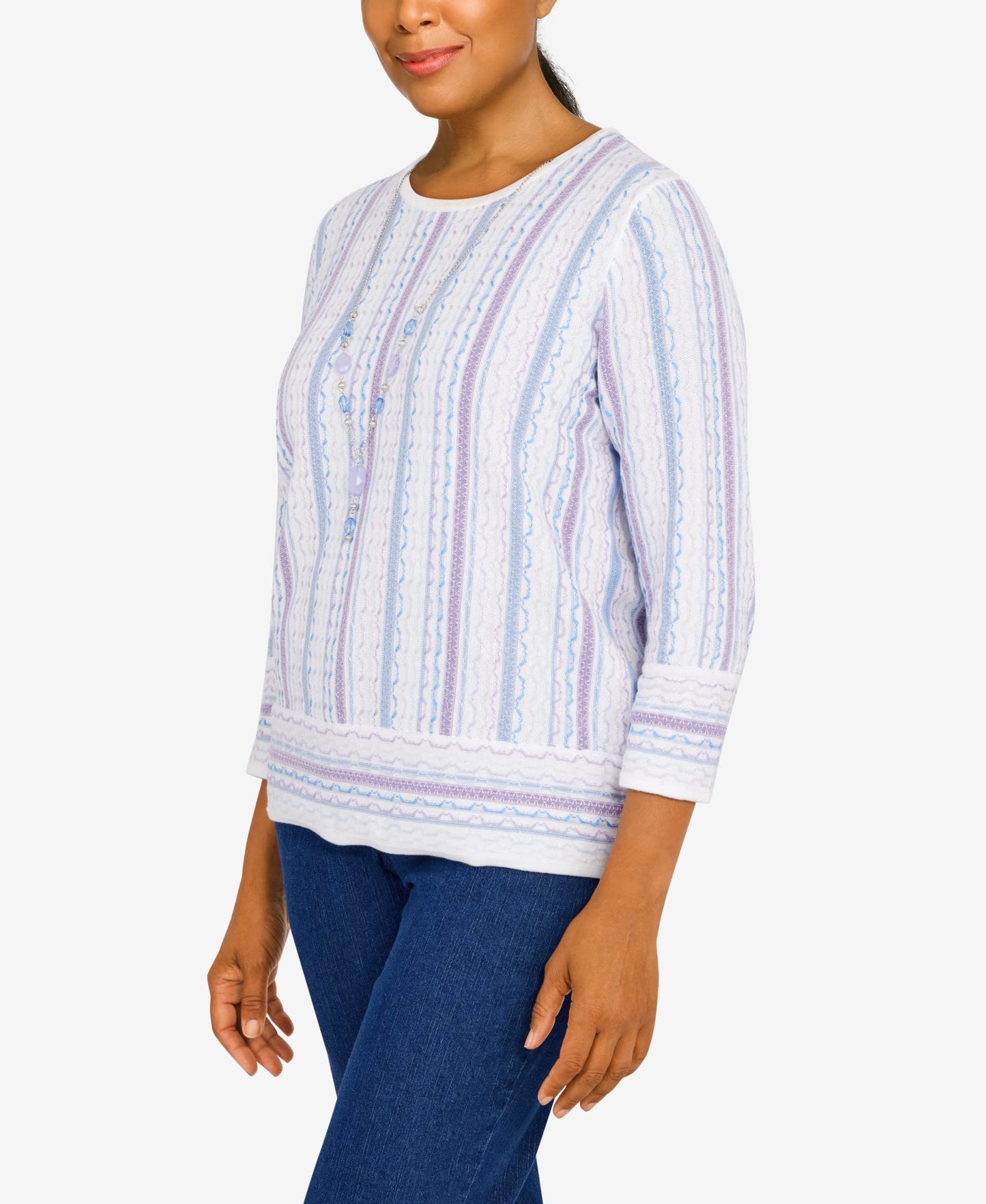 Alfred Dunner Women's Womens Crewneck Three-Quarter Bell Sleeve Stripe Sweater with Removable Necklace