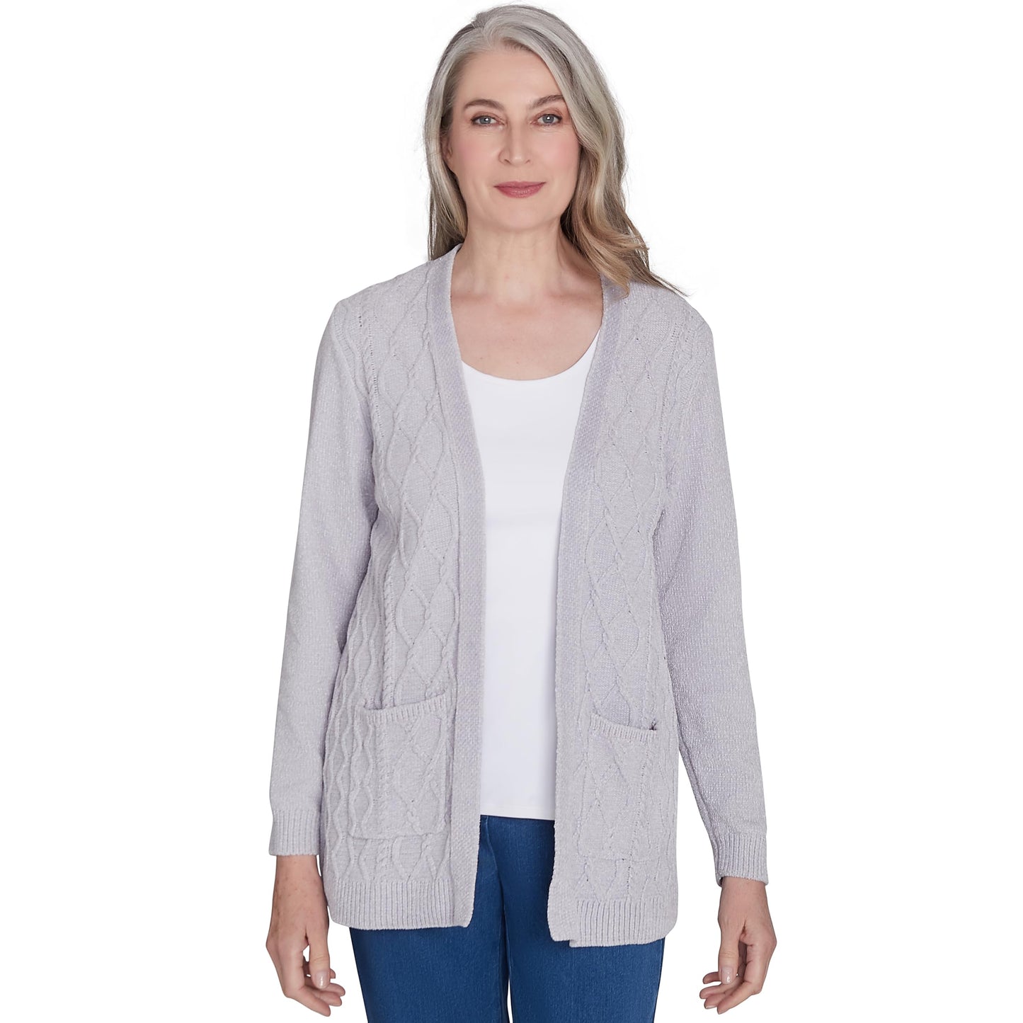 Alfred Dunner Classic Chenille Open Front Cardigan with Pocket Polyester (US, Alpha, Small, Regular, Regular, Standard, Grey)