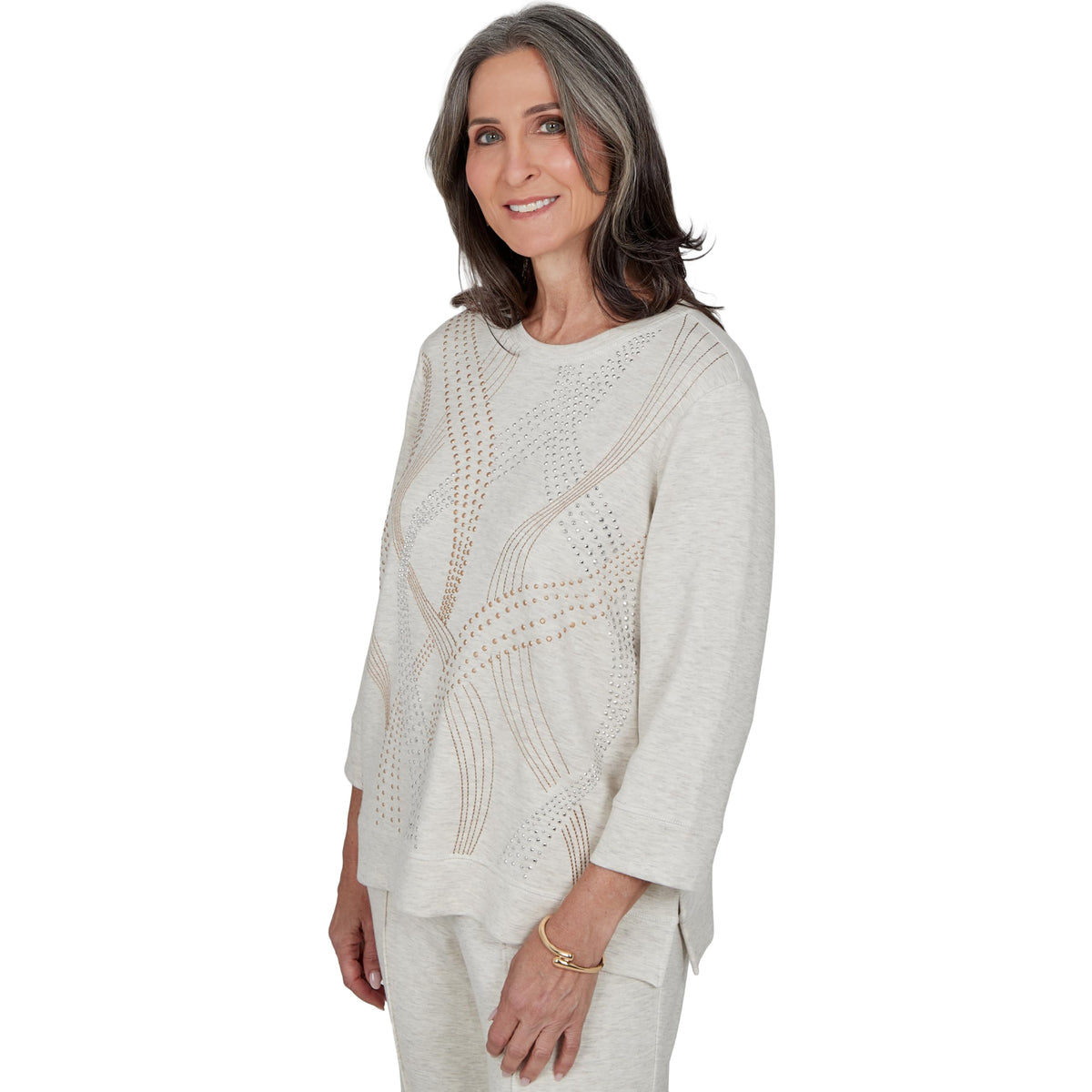 Alfred Dunner Petite Studded Swirls Knit Top, Oatmeal, PS