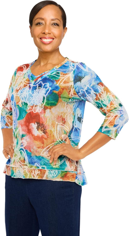 Alfred Dunner Women's Petite Moody Watercolor Floral V-Neck Top Size PXL Multi