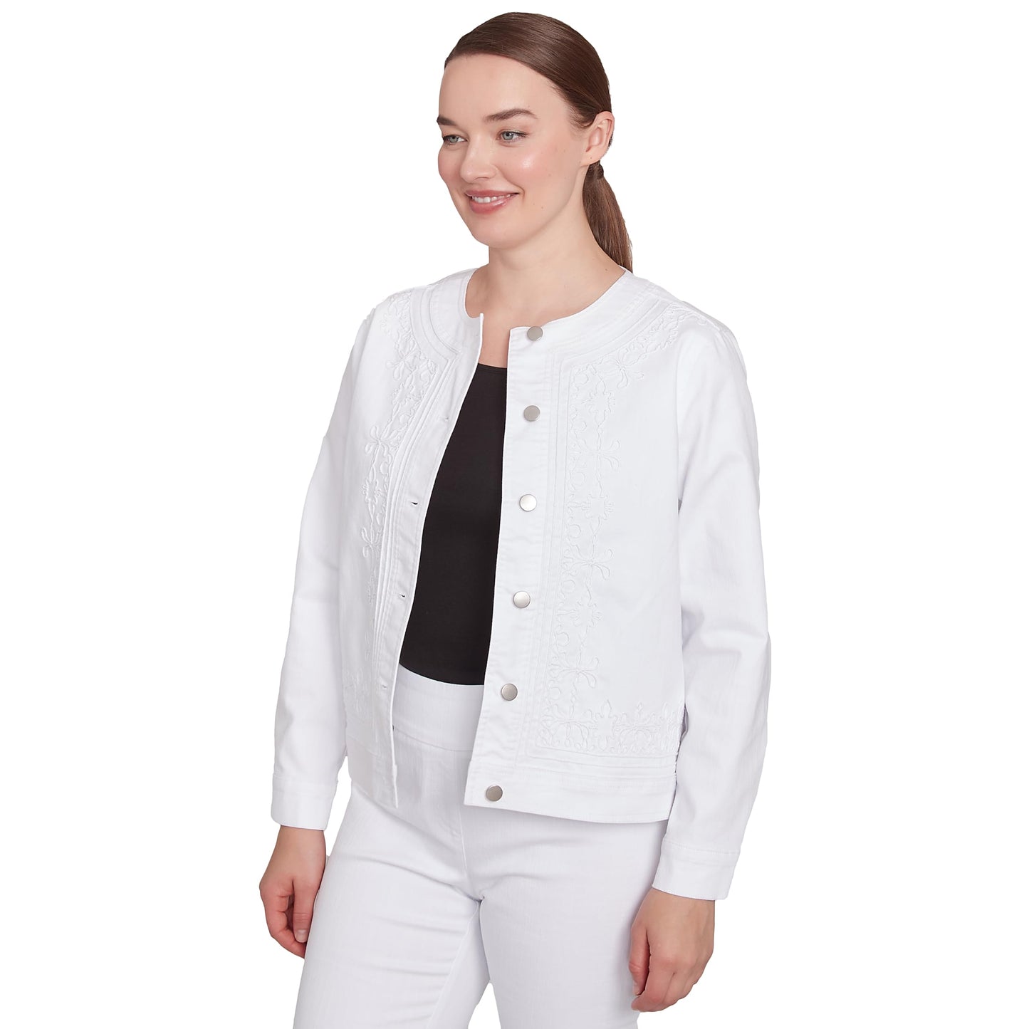Ruby Rd. Denim Embroidered Short Jacket Runs Genirouse (US, Numeric, 14, Regular, Short, Standard, White)