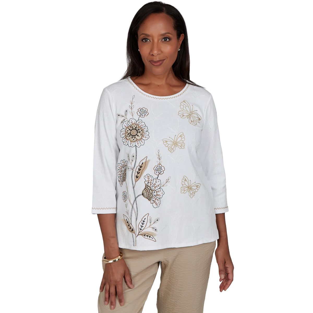 Alfred Dunner Women's Floral Butterfly Line Embroidered Top, Ivory, M