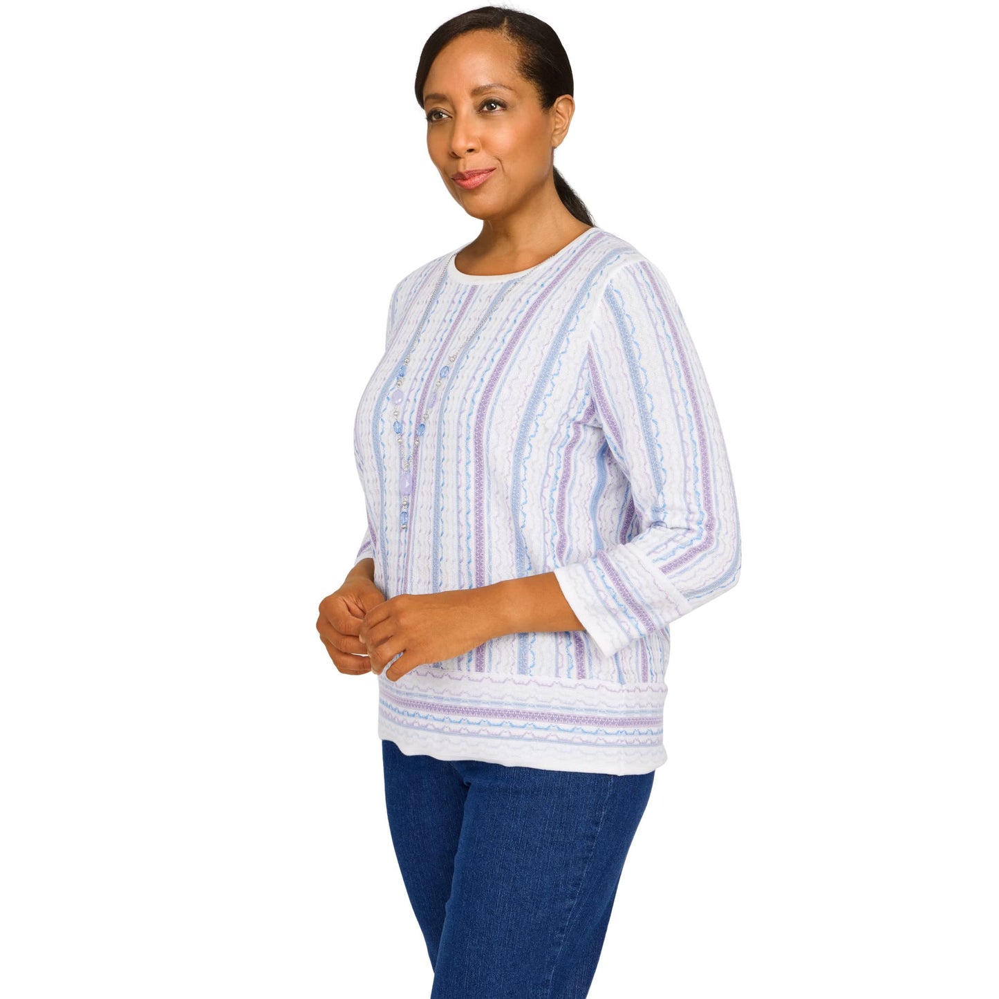 Alfred Dunner Women's Womens Crewneck Three-Quarter Bell Sleeve Stripe Sweater with Removable Necklace