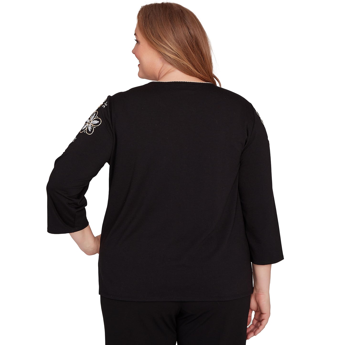 Gold Floral Embroidered Three Quarter Sleeve Top