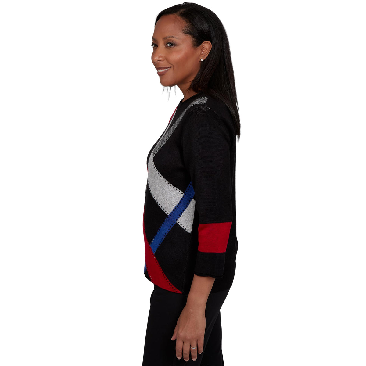 Alfred Dunner Women's Contrast Stripe Colorblock Sweater, Black, L