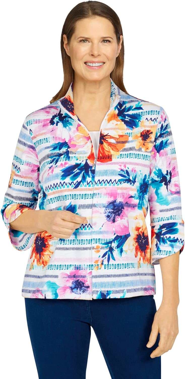 Alfred Dunner Women's Plus-Size Texture Floral Striped Print Jacket