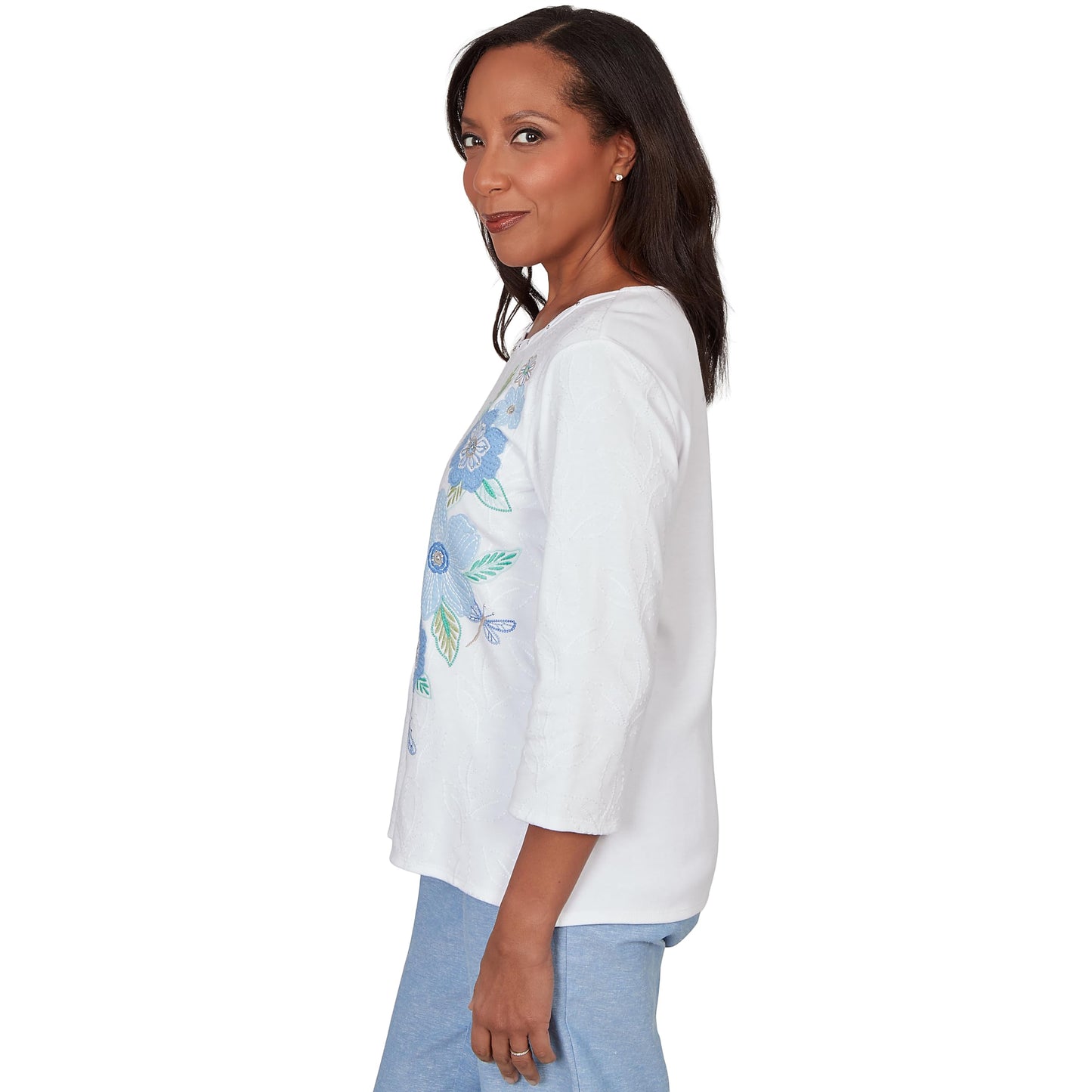 Alfred Dunner Women's Embroidered Dragonfly Floral Top