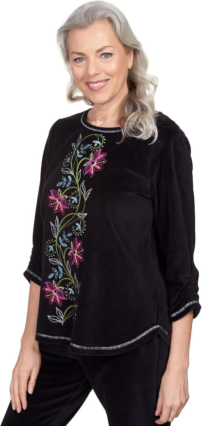 Alfred Dunner Women's Center Floral Embroidered Velour Shirttail Top Size S Black