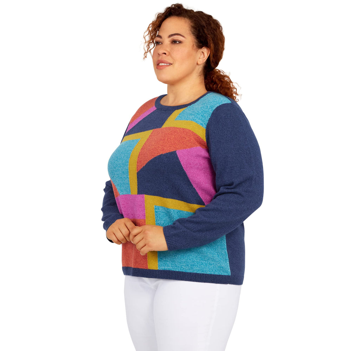 Alfred Dunner Women's Plus-Size Womens Colorblock Crewneck Sweater Size 3X Navy Multi