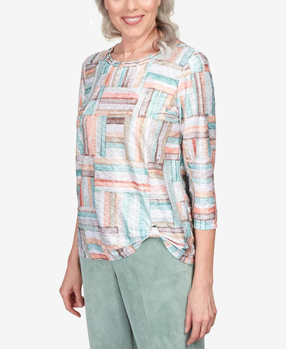 Alfred Dunner ST. Moritz Textured Patchwork Stripe Side Grommet Top