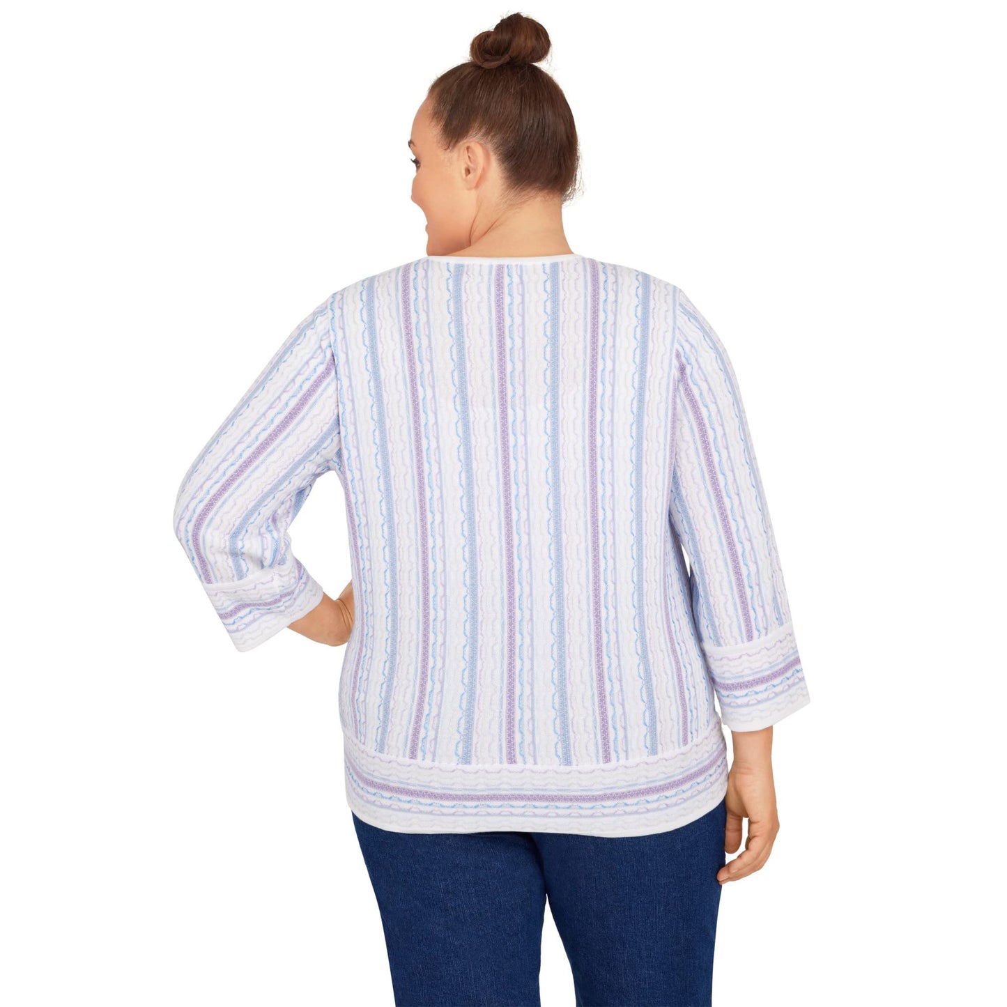 Alfred Dunner Women's Plus-Size Womens Crewneck Three-Quarter Bell Sleeve Stripe Sweater with Removable Necklace