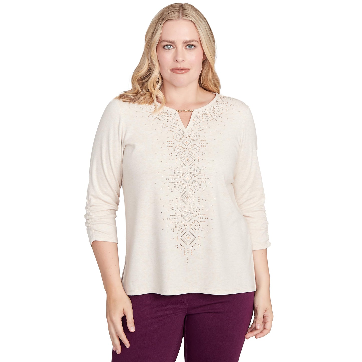 Alfred Dunner Women's Center Embellished V-Neck Top Size M Stone