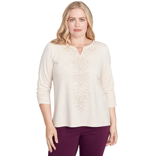 Alfred Dunner Women's Center Embellished V-Neck Top Size M Stone