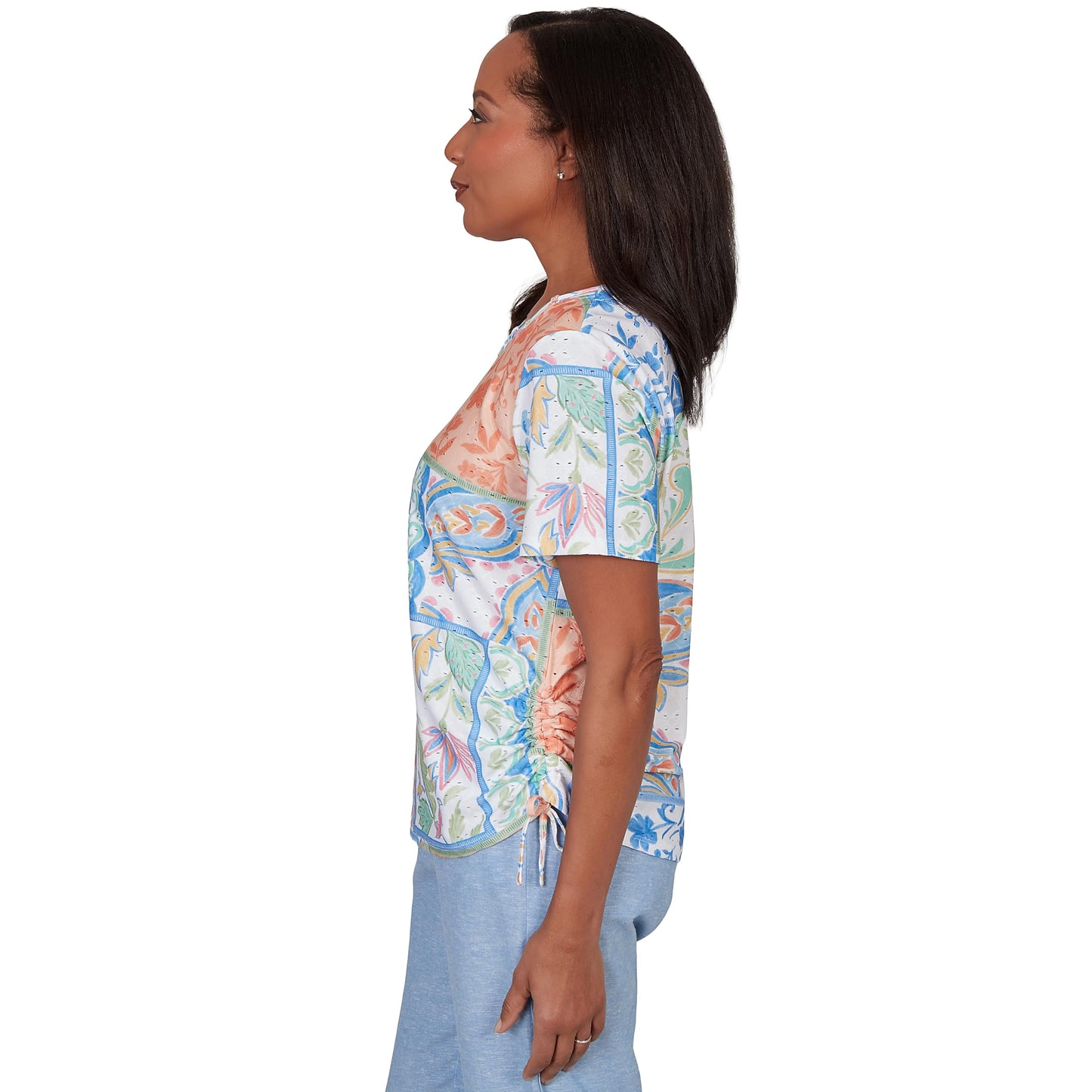 Alfred Dunner Women's Patchwork Scroll Side Tie Ruched Tee