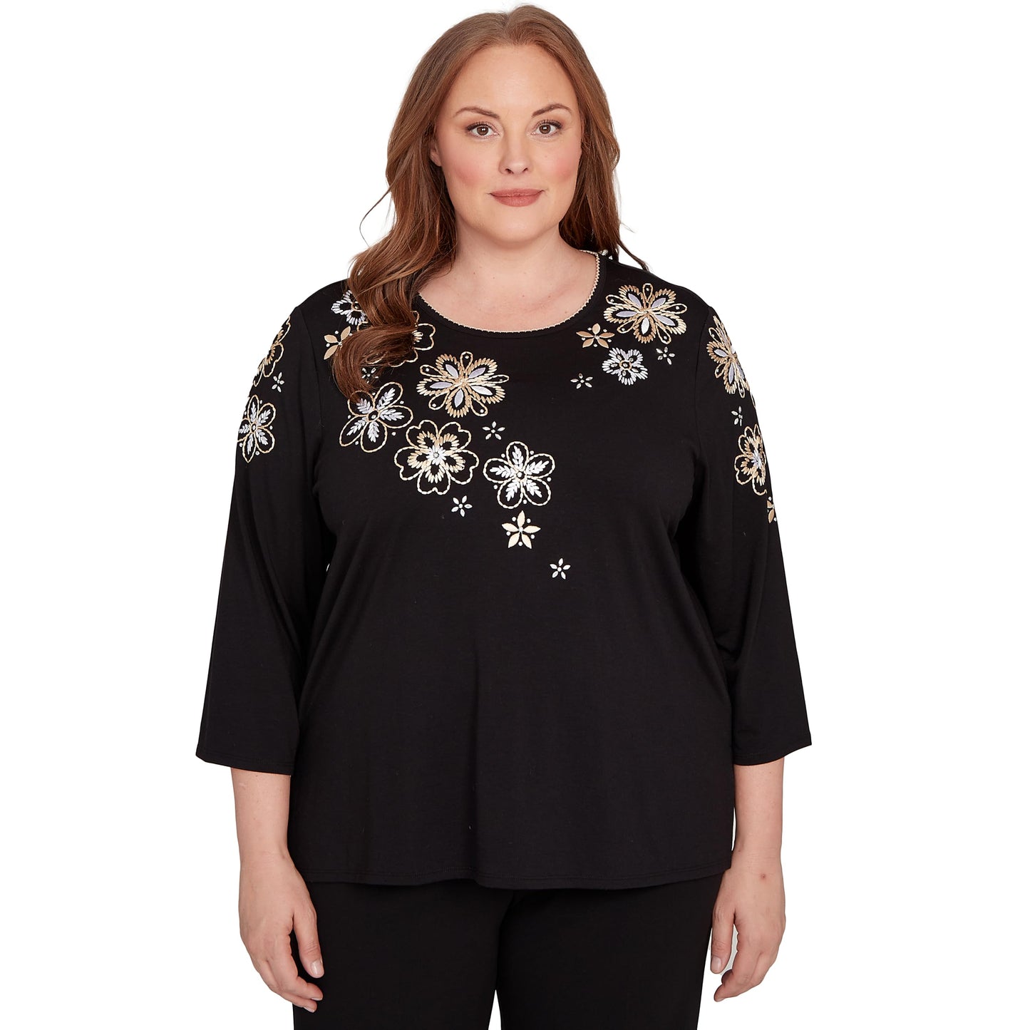Gold Floral Embroidered Three Quarter Sleeve Top