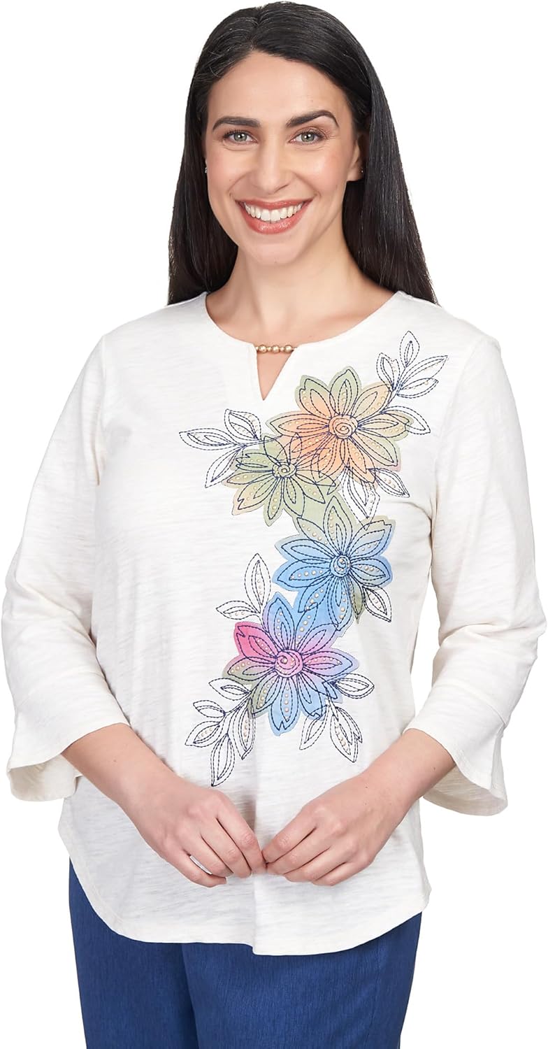 Alfred Dunner Women's Asymmetric Flower Embroidery Shirttail Top Size L Oatmeal