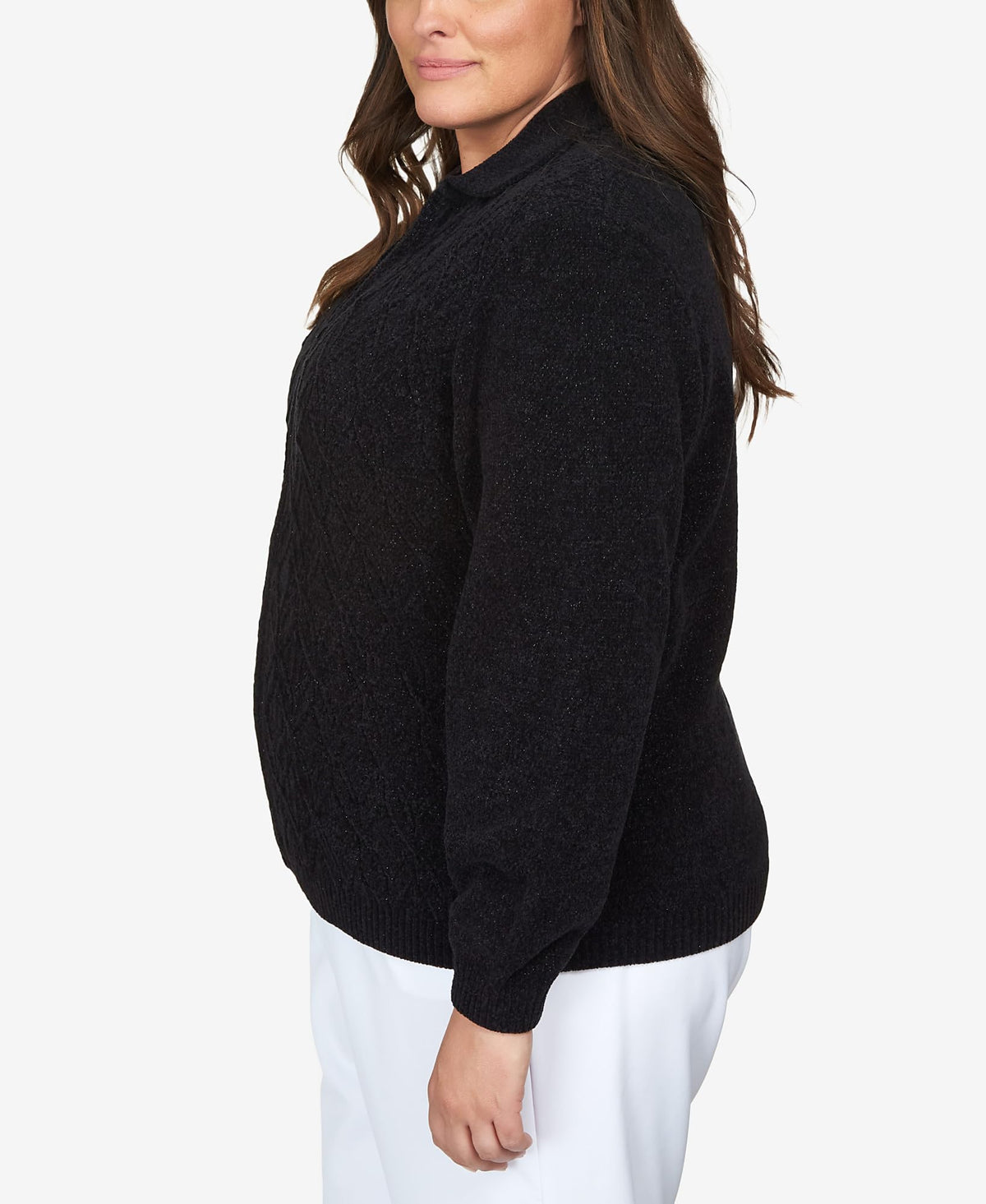 Alfred Dunner Classic Chenille W/Lurix Zippered Cardigan (US, Alpha, 3X, Plus, Regular, Plus Size, Black)