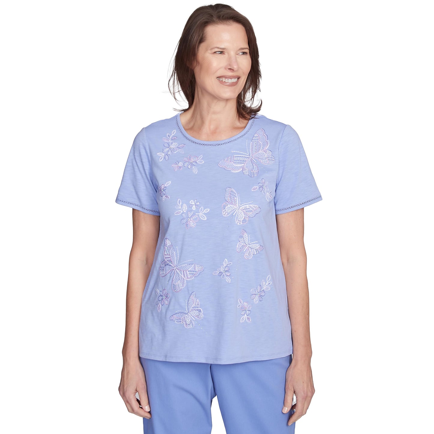 Alfred Dunner Butterfly Embroidery Cotton/Poly Top (US, Alpha, X-Large, Regular, Petite, Petite, Iris)