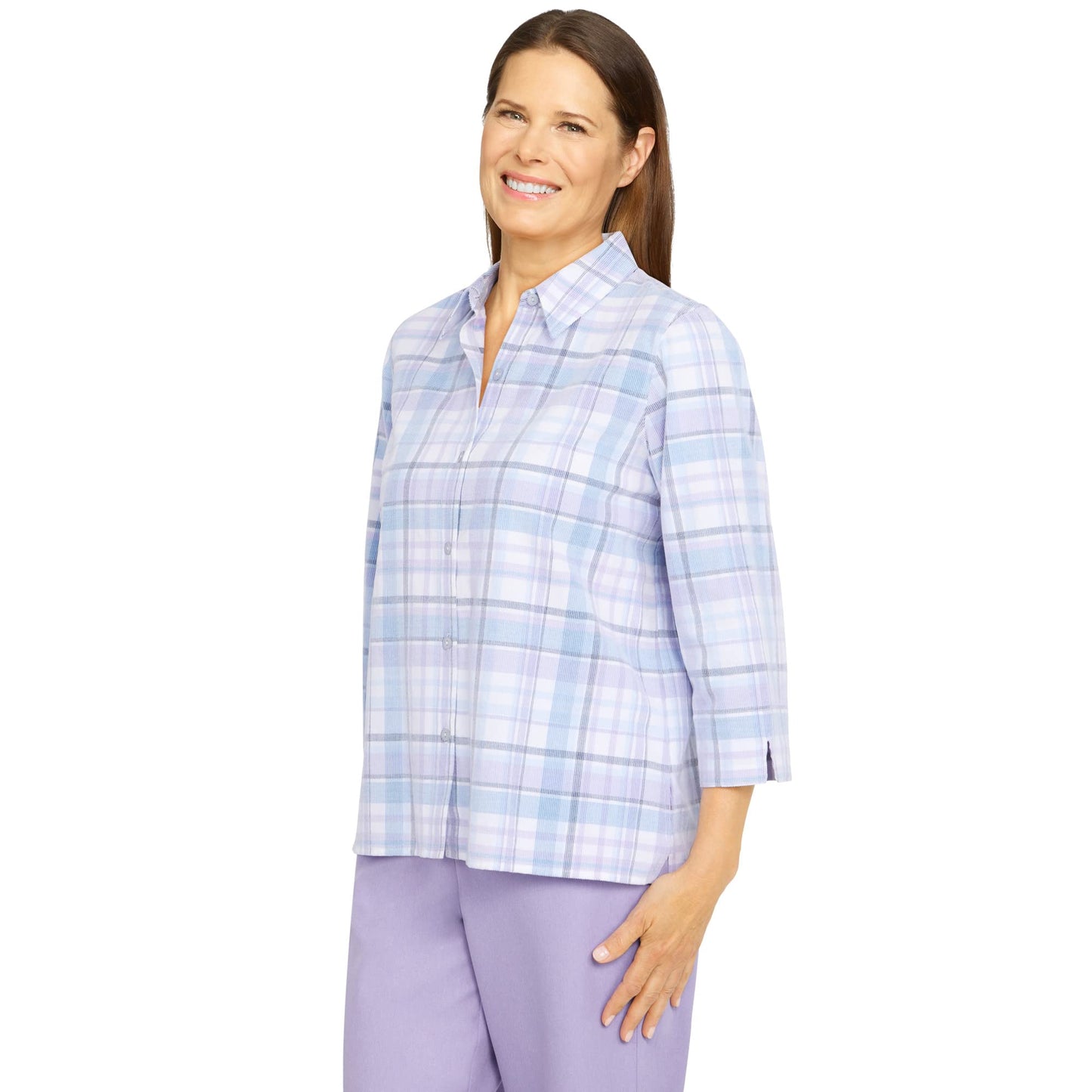 Alfred Dunner Women's Womens Plaid Corduroy 3/4 Sleeve Shirt