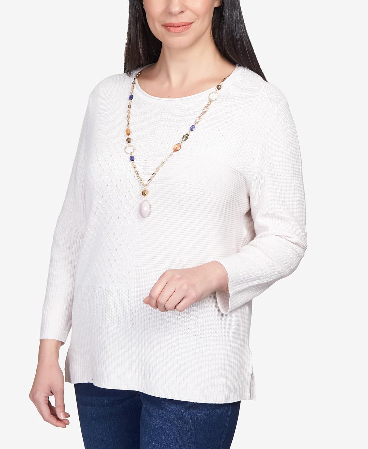 Alfred Dunner Women's Petite Solid Texture Split Hem Sweater with Necklace Size PXL Ivory