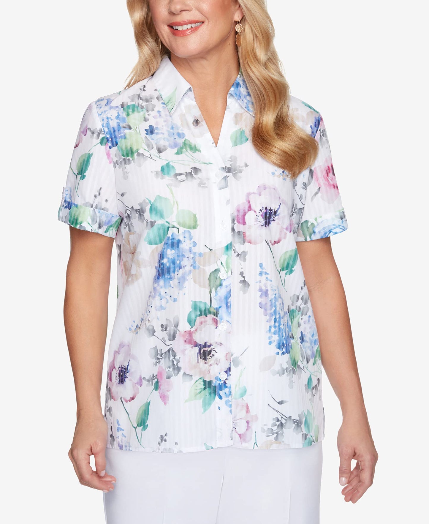 Alfred Dunner Women's Elegant Floral Stripe Print Burnout Lightweight Short Sleeve Button Down Collar Shirt Size S Multi