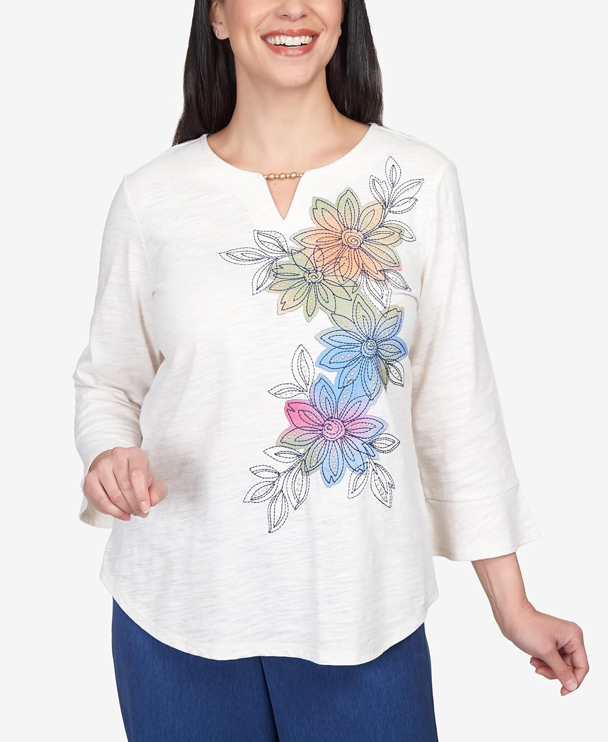 Alfred Dunner Women's Asymmetric Flower Embroidery Shirttail Top Size L Oatmeal