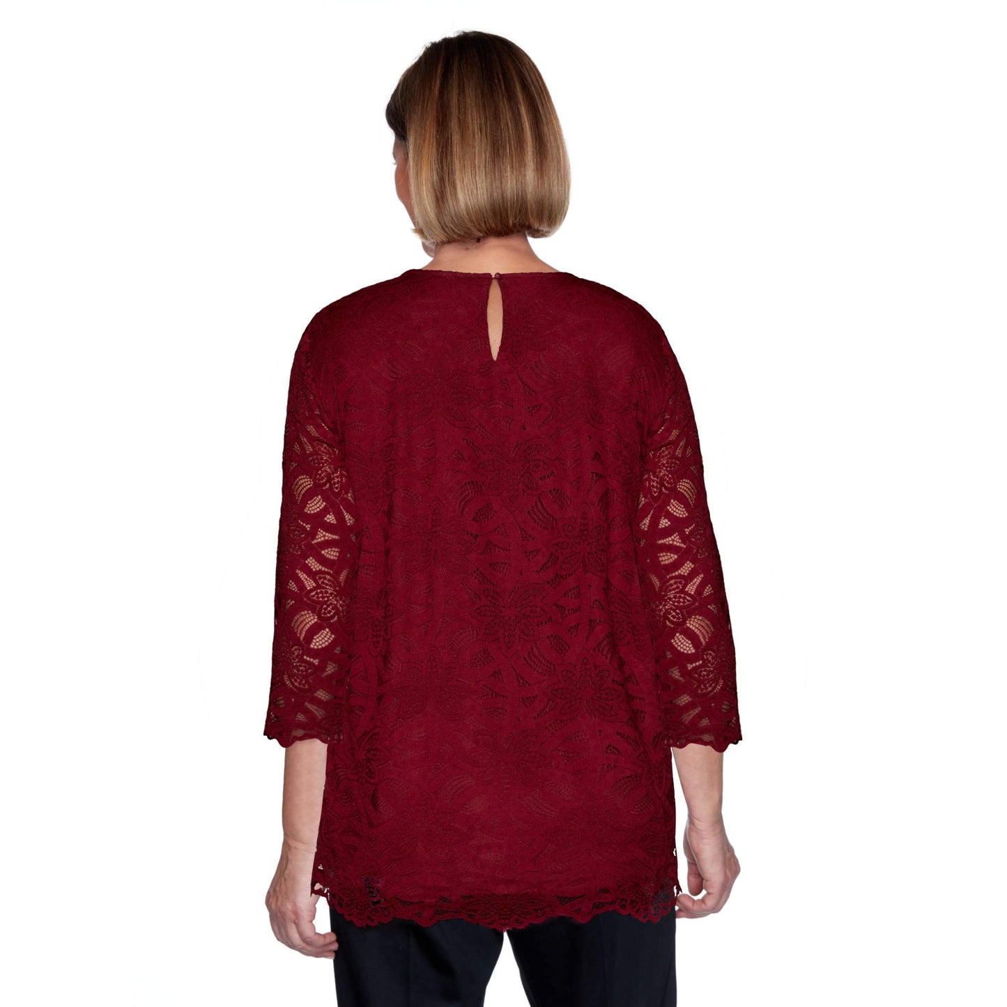 Alfred Dunner Women's Petite Beautiful Solid Lace Knit Body-Lined Top with Pretty Necklace Size PS Merlot