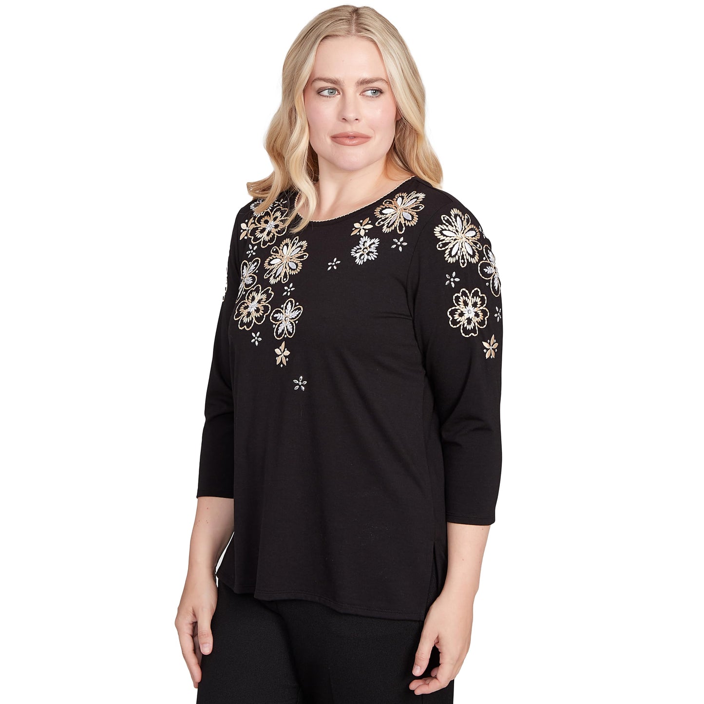 Alfred Dunner Women's Gold Floral Embroidered Three Quarter Sleeve Top Size XL Black